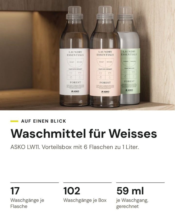 ASKO Waschmittel für Weisses LW11: Flaschen Laundry Essentials über der Waschmaschine. 17 Waschgänge je Flasche, 102 je Box mit 6 Flaschen, rund 59 ml je Waschgang