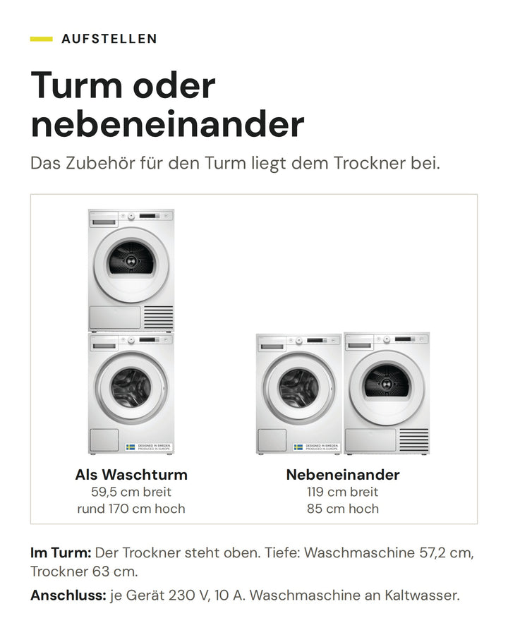 ASKO Waschset W 1084B W und T 108HB W als Waschturm (59,5 cm breit, rund 170 cm hoch) oder nebeneinander (119 cm breit, 85 cm hoch)