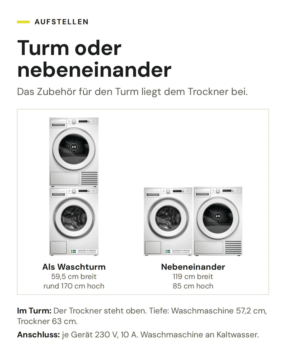 ASKO Waschset W 3096C W und T 309HC W als Waschturm (59,5 cm breit, rund 170 cm hoch) oder nebeneinander (119 cm breit, 85 cm hoch)
