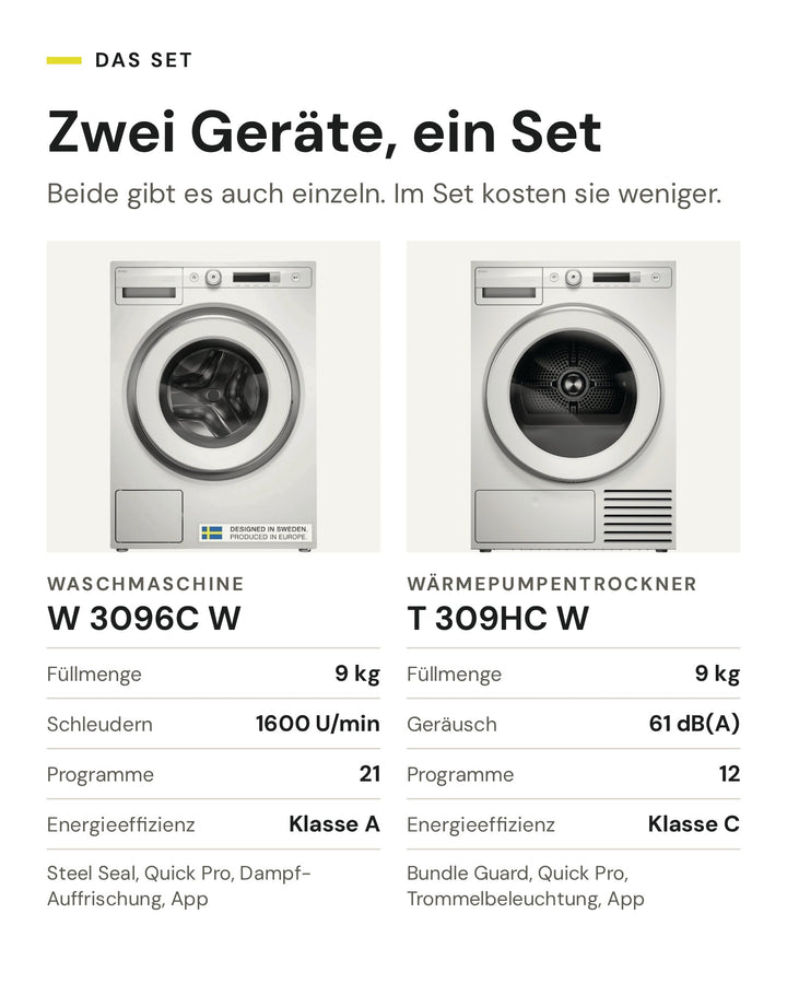 Die zwei Geräte im ASKO Waschset: Waschmaschine W 3096C W mit 9 kg, 1600 U/min und 21 Programmen, Wärmepumpentrockner T 309HC W mit 9 kg, 61 dB(A) und 12 Programmen