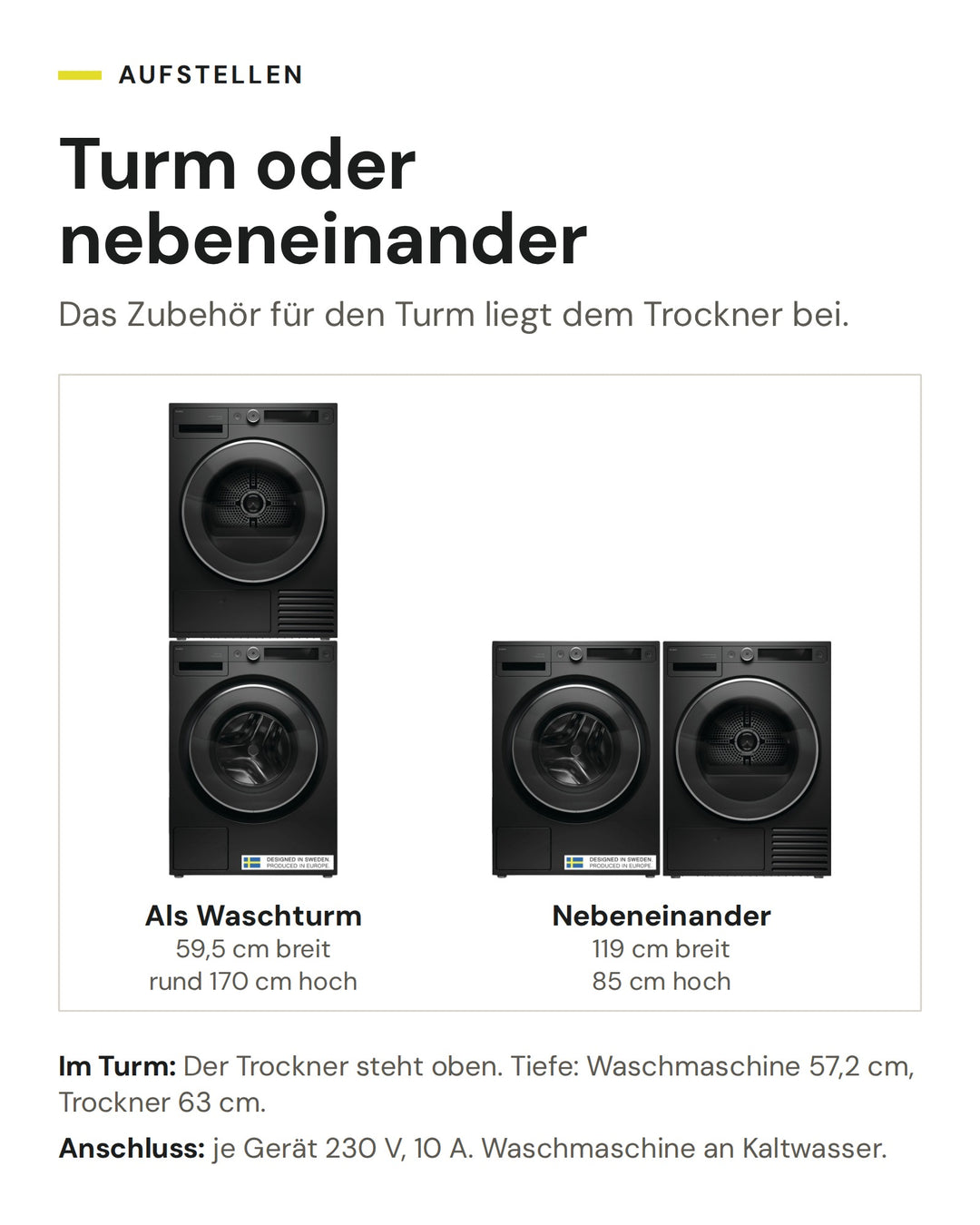 ASKO Waschset W 5096R G und T 509HR G als Waschturm (59,5 cm breit, rund 170 cm hoch) oder nebeneinander (119 cm breit, 85 cm hoch)