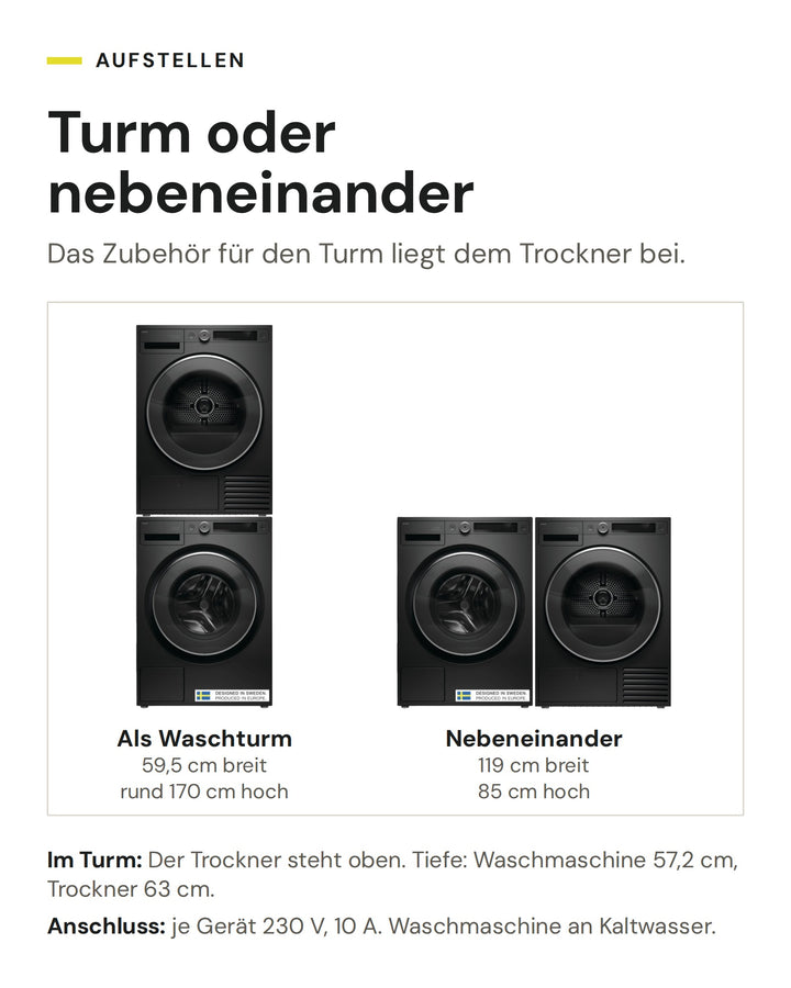 ASKO Waschset W 5096R G und T 509HR G als Waschturm (59,5 cm breit, rund 170 cm hoch) oder nebeneinander (119 cm breit, 85 cm hoch)
