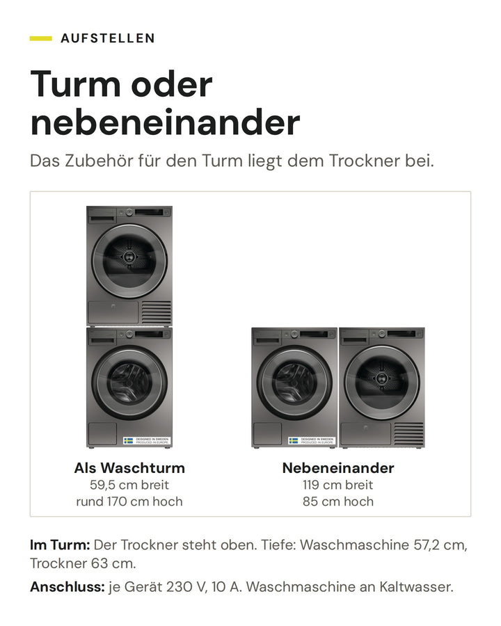 ASKO Waschset W 5096R T und T 509HR T als Waschturm (59,5 cm breit, rund 170 cm hoch) oder nebeneinander (119 cm breit, 85 cm hoch)