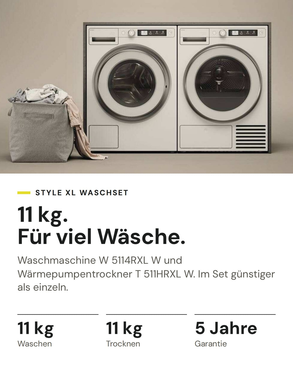 ASKO Waschset auf einen Blick: Waschmaschine W 5114RXL W mit 11 kg und Wärmepumpentrockner T 511HRXL W mit 11 kg, im Set günstiger als einzeln