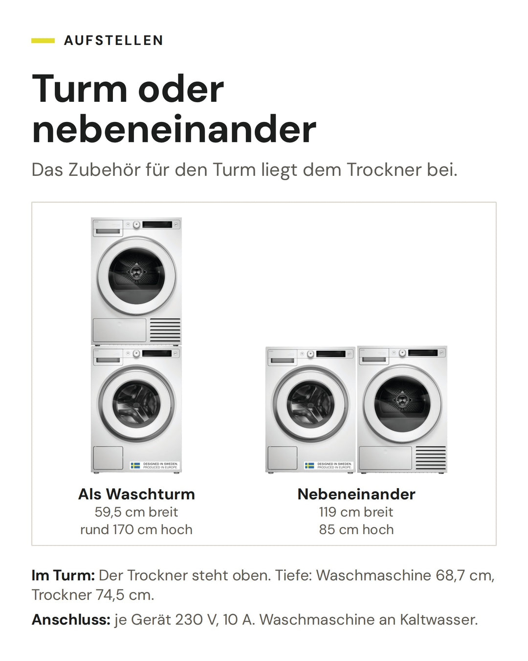 ASKO Waschset W 5114RXL W und T 511HRXL W als Waschturm (59,5 cm breit, rund 170 cm hoch) oder nebeneinander (119 cm breit, 85 cm hoch)