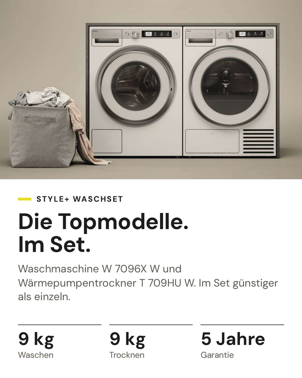 ASKO Waschset auf einen Blick: Waschmaschine W 7096X W mit 9 kg und Wärmepumpentrockner T 709HU W mit 9 kg, im Set günstiger als einzeln