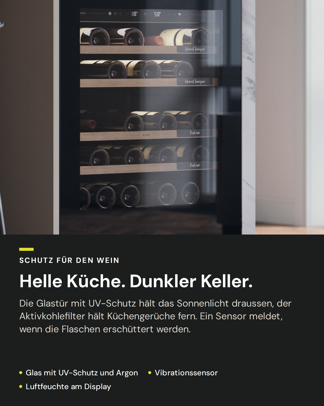 Schutz für den Wein im ASKO WCN15842G: Glastür mit UV-Schutz, Aktivkohlefilter, Vibrationssensor