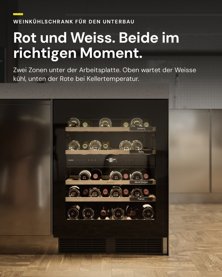 ASKO Unterbau-Weinkühlschrank WCN25842G in der Küche: zwei Zonen für Weisswein und Rotwein
