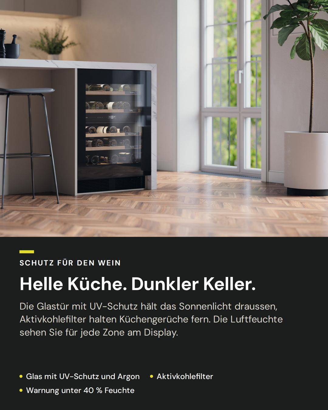 Schutz für den Wein im ASKO WCN25842G: Glastür mit UV-Schutz, Aktivkohlefilter, Luftfeuchte je Zone am Display
