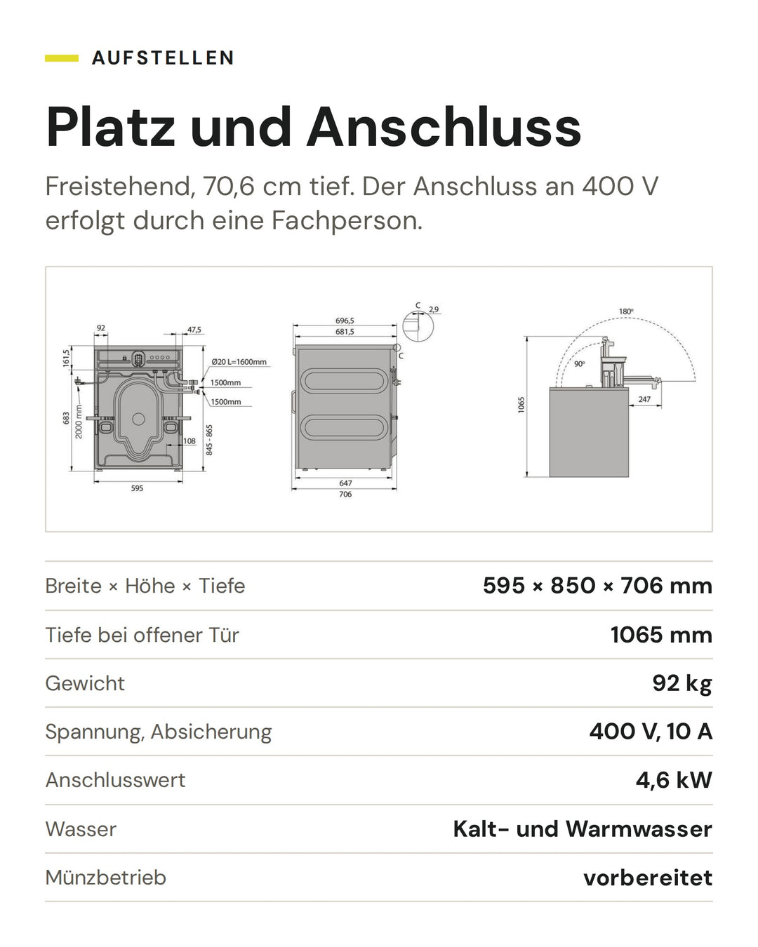 Platz und Anschluss der ASKO Waschmaschine WMC 8944PB T: Breite × Höhe × Tiefe 595 × 850 × 706 mm, Tiefe bei offener Tür 1065 mm, Gewicht 92 kg, Spannung, Absicherung 400 V, 10 A, Anschlusswert 4,6 kW, Wasser Kalt- und Warmwasser, Münzbetrieb vorbereitet